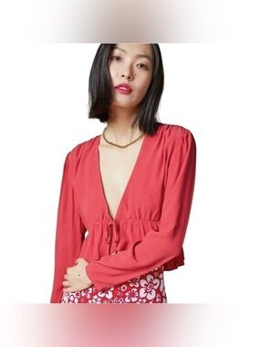 Sunday Best Coral/Red Deep V Tie-Front Blouse